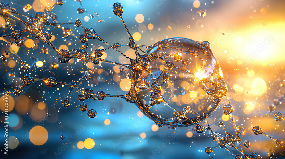 Aufkleber glowing molecular structure with golden nano circuits and liquid like connections, illuminated by vi