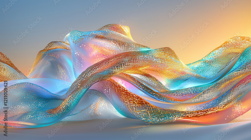 Aufkleber glowing silk like fabric with nano circuit patterns, illuminated by vibrant colors and soft light, c