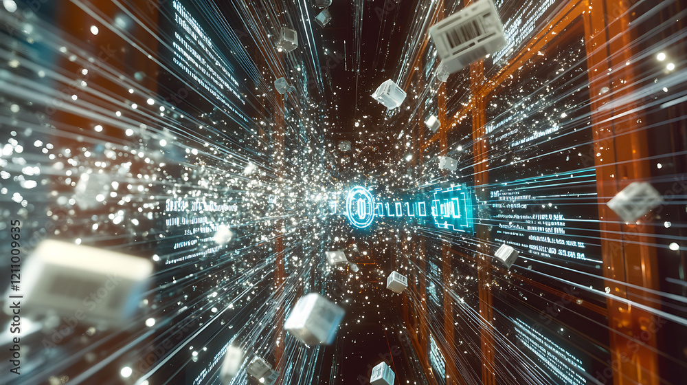 Poster dynamic digital tunnel showcasing rapid data transfer and package delivery. perfect for illustrating