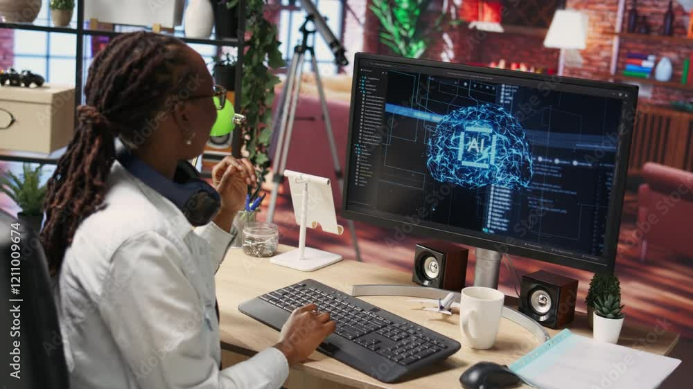 Poster overjoyed programmer happily clapping hands after finishing maintenance on neural networks. it exper