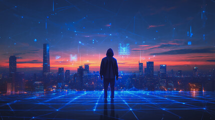 Obraz premium Hacker are planning to hack and attack networks and cyber security systems.Smart digital city with connection Innovation network reciprocity over the cityscape