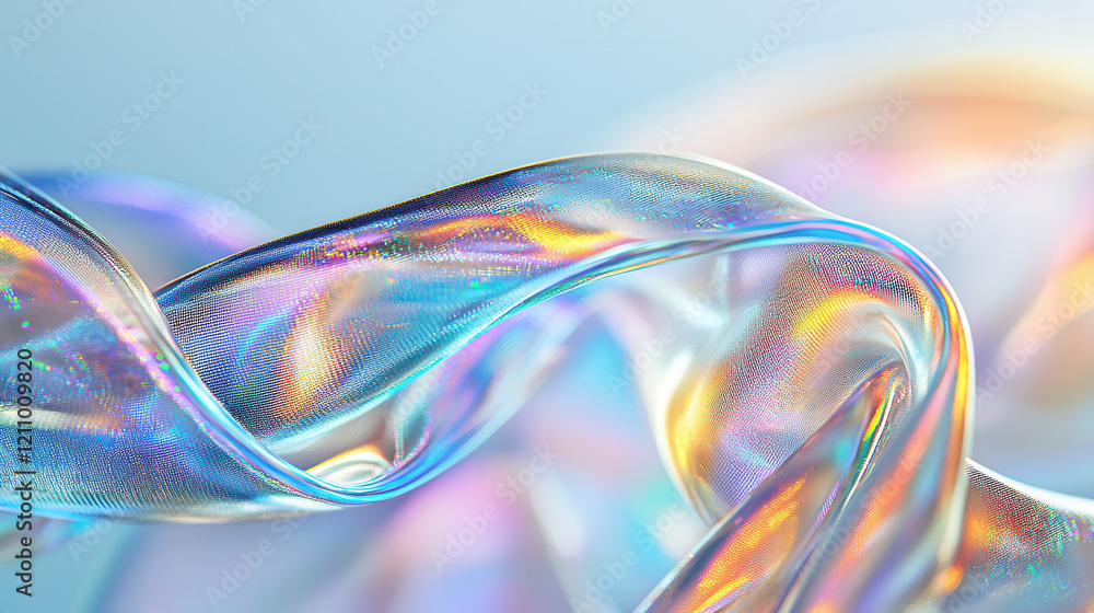 Poster shimmering high tech fabric with glowing nano patterns, reflecting vibrant iridescent colors in soft