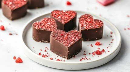 Heart-Shaped Chocolate Fudge with Red Sugary Toppings on a Plate