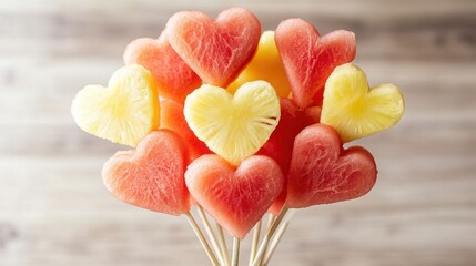 Heart-Shaped Watermelon and Pineapple Slices on Skewers for Celebration