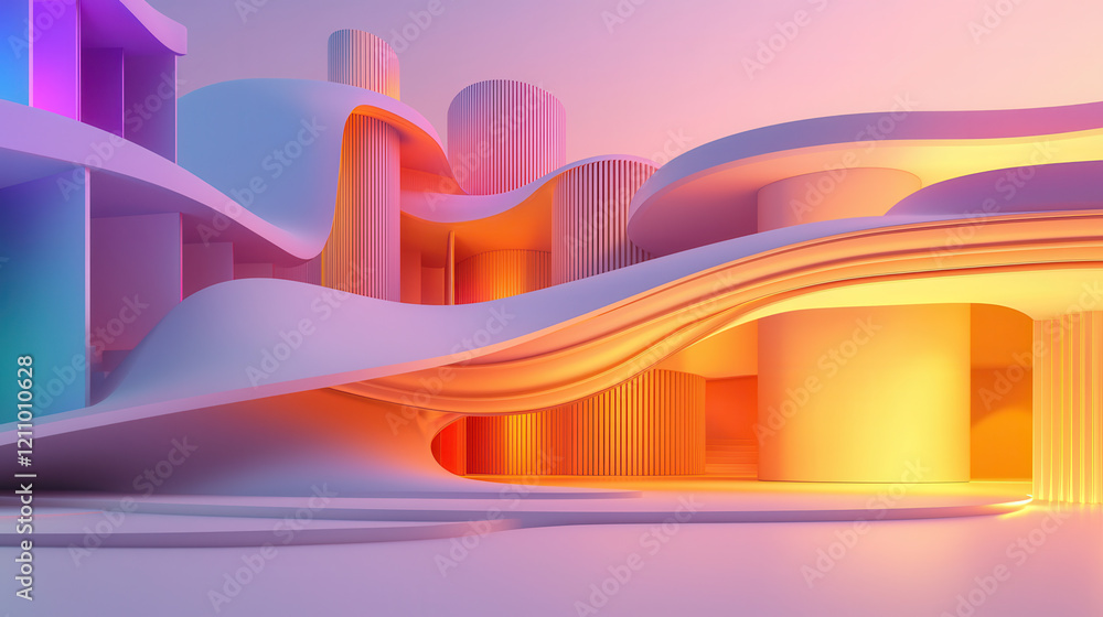 Poster futuristic architecture with flowing curves and vibrant gradient lighting creates surreal and dynami
