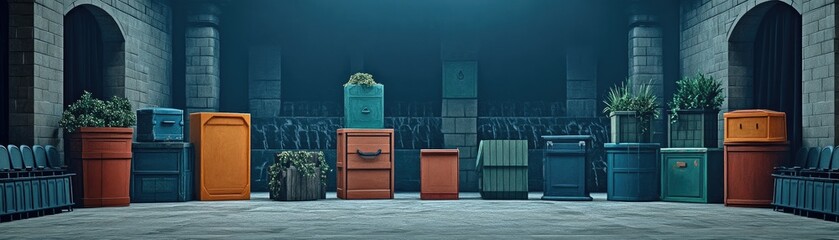 Colorful storage containers in historic hall, plants as decor, seats in background, industrial design