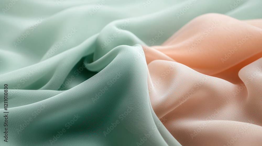 Poster soft pastel fabric in green and peach tones, gently draped with smooth and flowing texture, creating