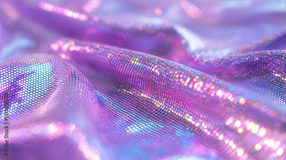 Poster shimmering purple textile with iridescent glow and soft folds, creating futuristic and luminous effe