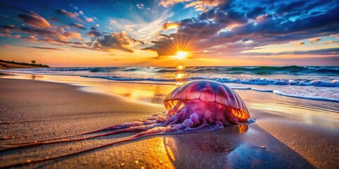 Coastal evening reveals a decaying jellyfish amidst beach debris, a wildlife tragedy.