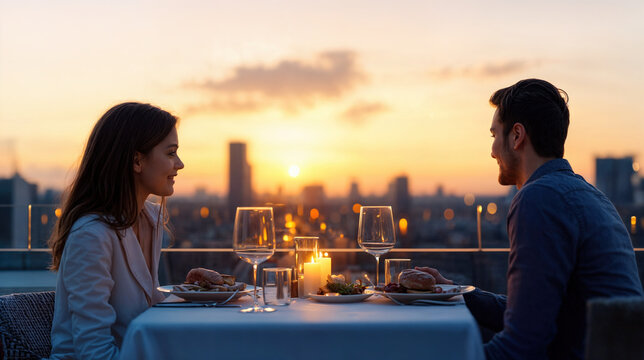 Romantic couple enjoying a candlelit rooftop dinner during sunset on their first date with a city skyline view - Powered by Adobe