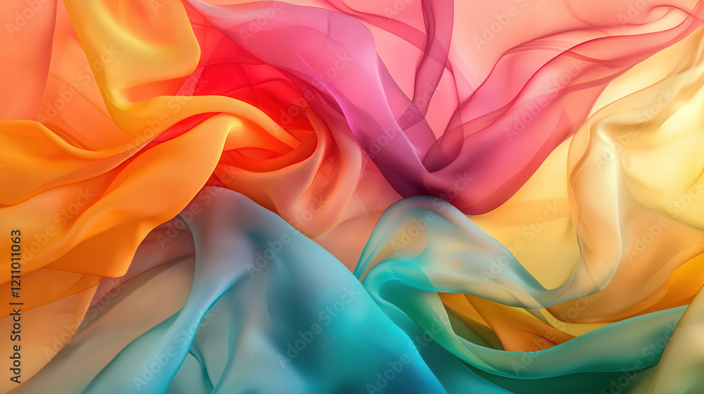 Poster vividly colored translucent fabric layers create mesmerizing flow of holographic hues, blending seam