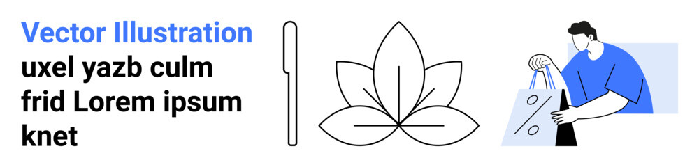 Man holding shopping bags with abstract elements including a knife and a lotus flower design. Ideal for e-commerce, retail, shopping, items, wellness, minimalism, and modern aesthetics. Landing page
