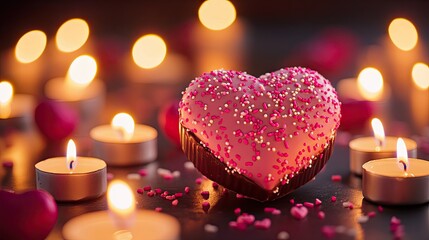 A heart-shaped Valentine chocolate with pink frosting and sprinkles, placed on a festive, decorated table surrounded by candles