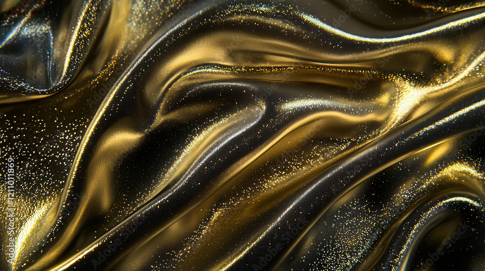 Poster luxurious golden fabric with soft glowing waves and shimmering nano tech inspired radiant particles,