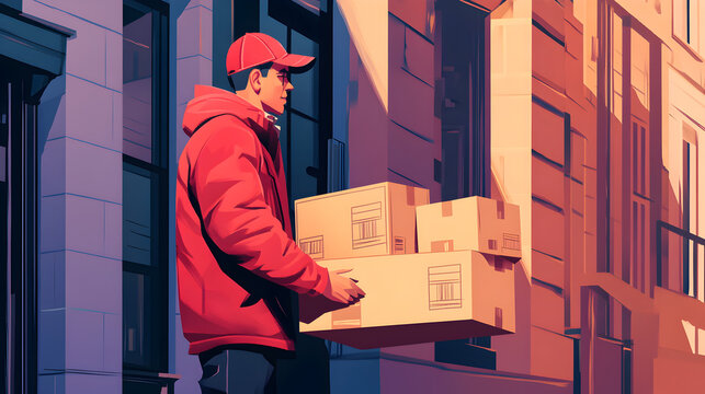 hombre trabajador repartidor con cajas de paquetes entregando con servicio de paqueteria y mensajeria a domicilio distribucion