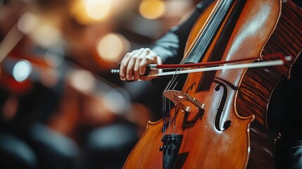 Fototapeta premium Cello in orchestra, close-up of bow moving across cello strings, soft lighting on stage
