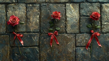 Three Red Roses on a Stone Pavement