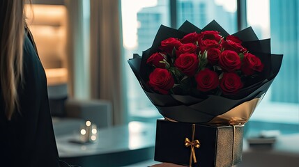 A luxury rose bouquet wrapped in black and gold packaging being delivered to a high-rise apartment