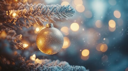 Christmas tree with ornaments, close-up of glowing ornaments hanging on branches, soft holiday lights