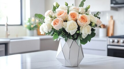 A modern bouquet of white and peach roses in a geometric vase, placed on a minimalist kitchen island with bright decor