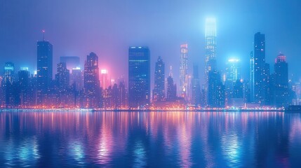 Fototapeta premium City skyline at night, close-up of city lights reflecting on water, soft glow from skyscrapers