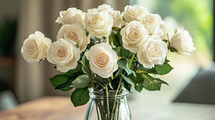 Obraz premium A modern office desk with an artificial white rose bouquet in a glass jar, adding a touch of elegance