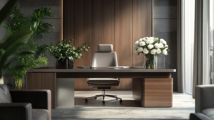 A modern office desk with an artificial white rose bouquet in a glass jar, adding a touch of elegance