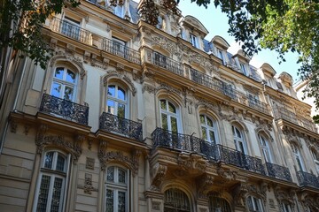 Fototapeta premium Elegant Parisian building with ornate balconies and intricate detailing. Perfect for architectural, travel, or city themes.