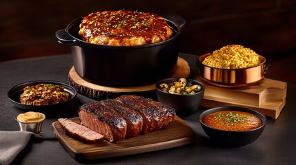 A hearty meal featuring meat, sides, and a casserole, ideal for sharing or family gatherings.