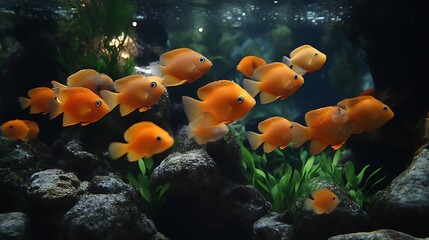 Orange fish swim in an aquarium with rocks and plants
