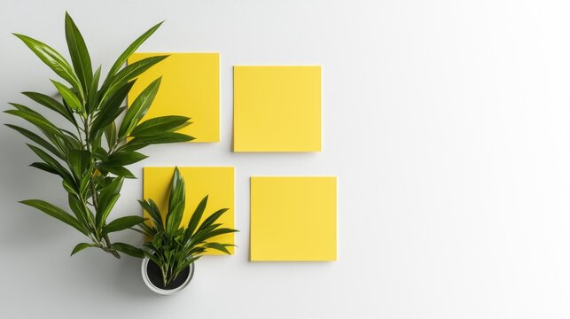 Yellow notes, plants, white background; office organization, workspace