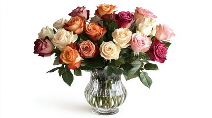 Obraz premium A romantic bouquet of mixed-colored roses in a glass vase, elegantly arranged for a dinner table centerpiece