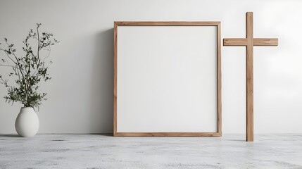 diseño minimalista de un porta retrato vacio o marco con espacio de copia junto a una cruz de madera y una maceta decorativa con plantas 