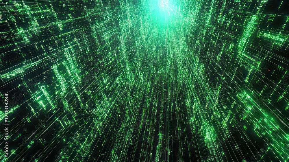 Poster digital tunnel: a journey through the green matrix of data streams