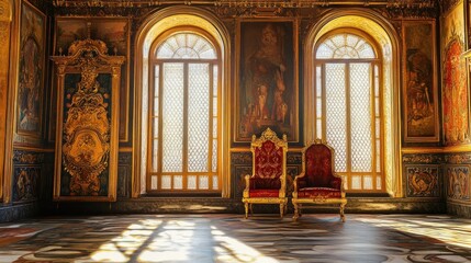 Obraz premium Royal Palace Interior: Gilded Thrones and Sunlight
