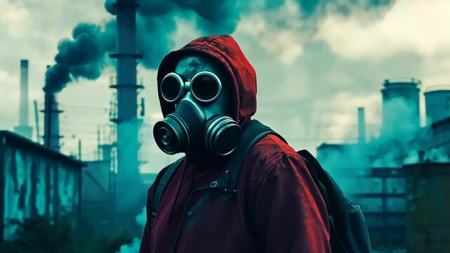 A person wearing a gas mask and a red hoodie stands in front of a large smokestack. The scene is set in a city with a lot of pollution