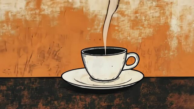 A coffee cup with steam coming out of it sits on a table. The coffee cup is white and the table is brown. The image has a warm and cozy feeling to it