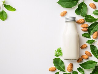 World milk day concenpt. A bottle of almond milk surrounded by green leaves and almonds, set against a light background.