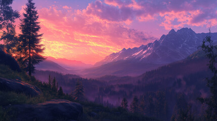 Majestic Mountain Range Sunset Dramatic Pink Purple Sky Scenic Landscape View Breathtaking Nature Photography Peaceful Serene