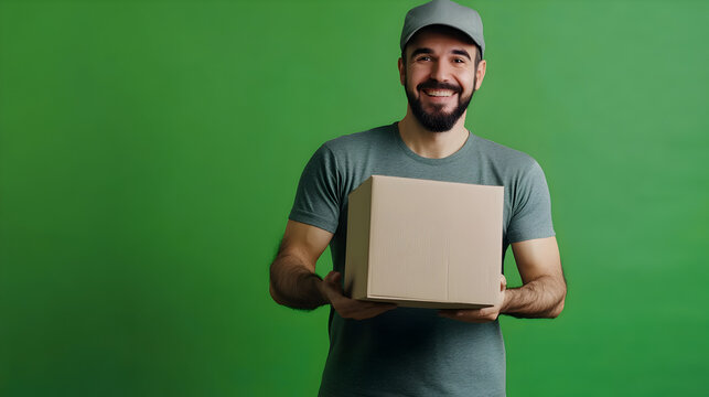 hombre joven empleado repartidor de paquetes en empresa de paqueteria a domicilio un fondo verde con un hombre joven sosteniendo una caja de carton un paquete con espacio de copia