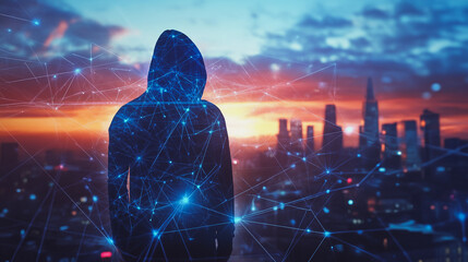 Hacker are planning to hack and attack networks and cyber security systems.Smart digital Innovation city with connection network reciprocity over the cityscape