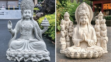 Obraz premium Two serene Kwan Yin statues, garden setting, peaceful background, spiritual decor