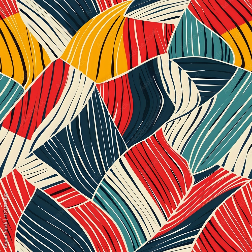 Poster Abstract seamless pattern with curved geometric shapes in retro colors. Dynamic wavy lines create modern design perfect for fabric, wallpaper and surface decoration.