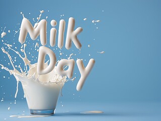 World milk day concenpt. A glass of milk splashes against a blue background with the words "Milk Day" creatively formed from the milk.
