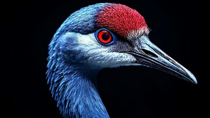 Vivid close-up of a blue crane with striking red features against a dark background highlighting its stunning details and vibrant colors