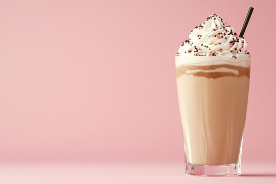 World milk day concenpt. Delicious milkshake topped with whipped cream and chocolate sprinkles in a clear glass against a soft pink background. - Powered by Adobe