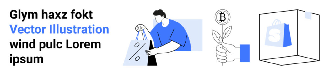 Man holding shopping bags with discount tags, hand holding a plant, secure transaction icon. Ideal for e-commerce, sustainability, marketing, fintech, consumer behavior, retail and technology