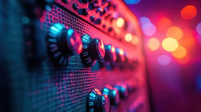 Electric guitar amplifier, close-up of amplifier knobs and settings, vibrant concert lights