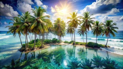 Obraz premium Double exposure: vibrant palms reflected in tranquil ocean; summer's idyllic island escape.