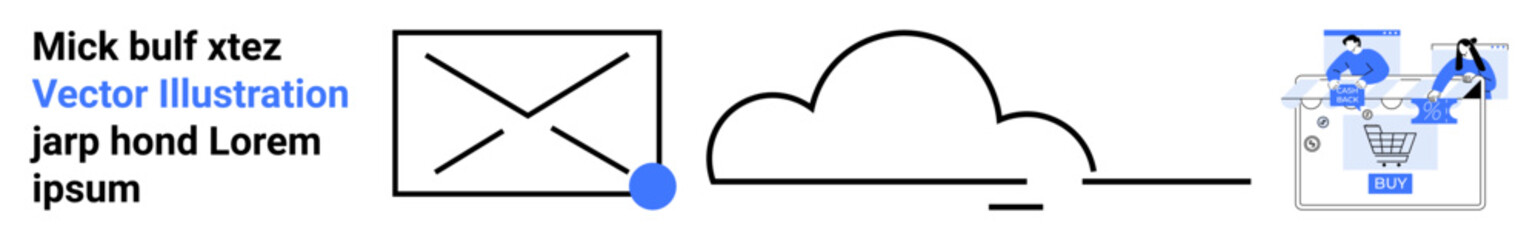 Envelope with dot, cloud, and shopping cart with avatars symbolize communication, cloud computing, collaboration, and e-commerce. Ideal for technology, business, marketing online shopping